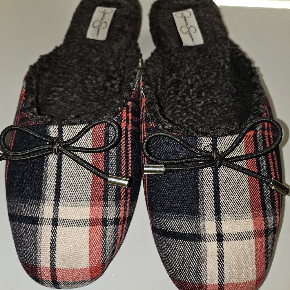 Jessica Simpson Red and Black Plaid Slip Ons